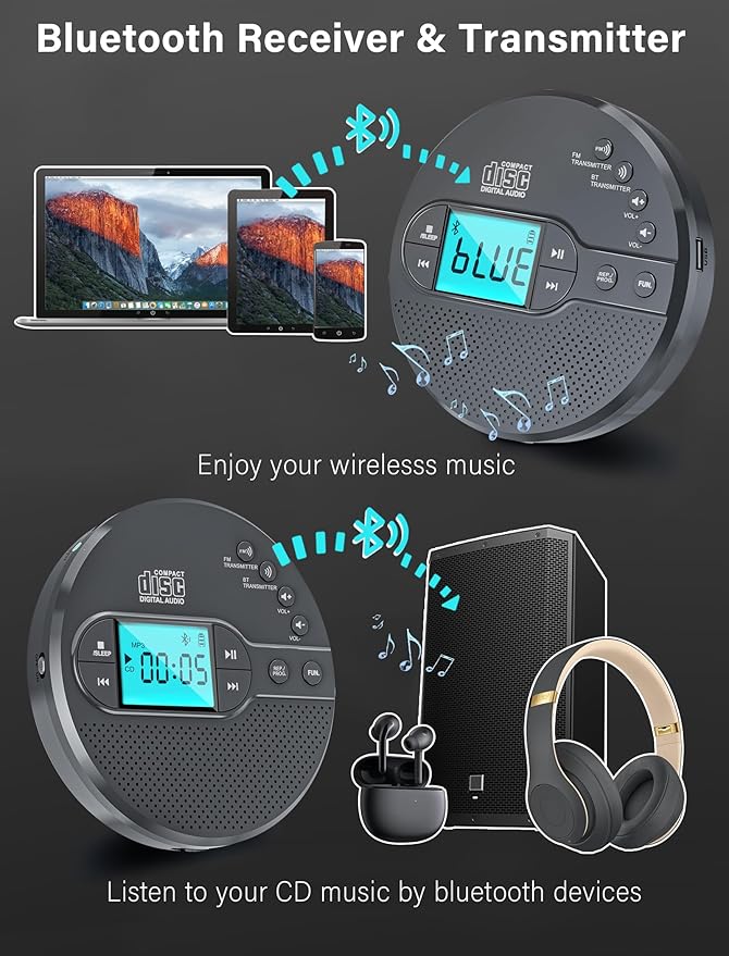 Portable CD Player with Bluetooth 2000mAh Rechargeable CD Player with FM Transmitter,Personal CD Player for Car with Anti-Skip,Headphone,LCD Screen,AUX,Built-in Stereo Speaker,USB(Dark Gray)