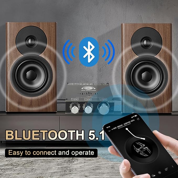 320W Audio Amplifier Board with Treble and Bass Control, DC 12-36V, Bluetooth 5.2 and AUX Inputs, 2.0 Channel Stereo AMP Board for DIY Wireless Speakers (Black3 T160HS)