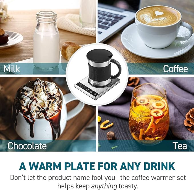 Cosori Coffee Mug Warmer & Mug Set for Desk, Cup Heater, Office, 1°F Precise Temperature Control, Touch Tech & LCD Digital Display (77-194℉), 304 Stainless Steel, Silver/Black
