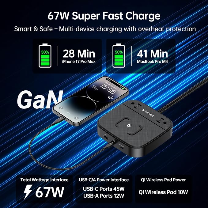 GaN Multi Charging Station 67W, 6-in-1 iPhone Charger Station with USB Ports, Wireless Charging, 2× AC Outlets, Desktop/Bedside/Nightstand Power Station, Hotel-Grade Design, Black