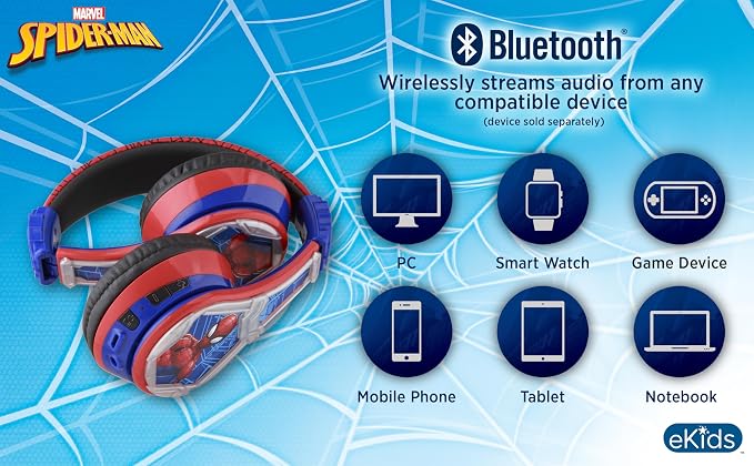 eKids Spiderman Wireless Bluetooth Portable Headphones with Microphone, Volume Reduced to Protect Hearing Rechargeable Battery, Adjustable Kids Headband for School Home or Travel