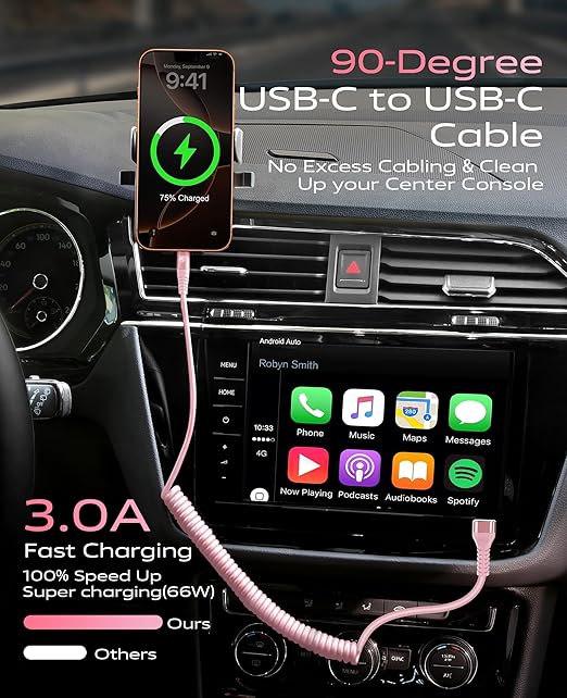 90 Degree Coiled USB C Cable for Car 3FT, 2Pack USB C to USB C Cable 3A Fast Charging, USB C to C Cable for CarPaly/Android Auto,Right Angle Type C Cord for iPhone 17/16/15/Pro Max and More-Pink