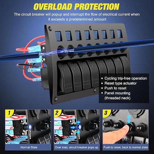 Nilight 8 Gang Rocker Switch Panel Waterproof Pre-Wired Marine with Resettable Circuit Breaker LED Backlight 5A 10A 15A Breakers 12V 24V ON Off 3 PIN Toggle Switches for Car Truck Boat RV