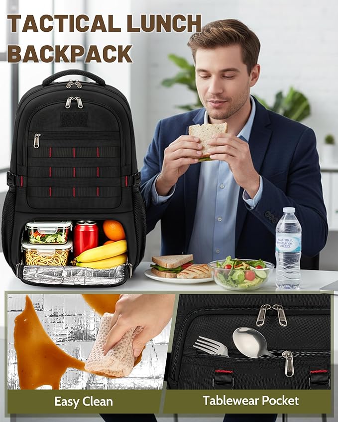 RAINSMORE Laptop Backpack with Lunch Compartment,40L Large Capacity Lunch Backpack for Men Work Backpack with USB Post Insulated Cooler Backpack for Work, Travel, Picnic, Black