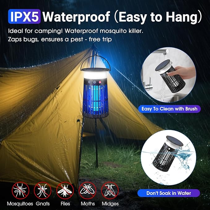 Solar Bug Zapper Outdoor, Portable Electric Mosquito Killer with Panel Sensor, Rechargeable Insect Trap with LED Night Light and Flame Effect, Ideal for Outside Patio, Backyard, and Camping (1 Pack)