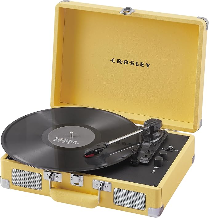 Crosley CR8005F-LY Cruiser Plus Vintage 3-Speed Bluetooth in/Out Suitcase Vinyl Record Player Turntable with Built-in Speakers, Lemon Yellow