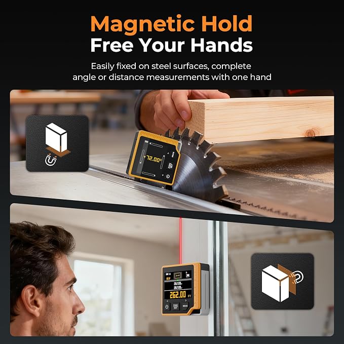 Laser Measuring Tool, 262ft Laser Measure with Digital Angle Finder & Level, Magnetic Rechargeable Laser Measurement Tool with 2.4'' Color Backlit Display, 6 Units, Length/Area/Volume/Pythagorean Mode
