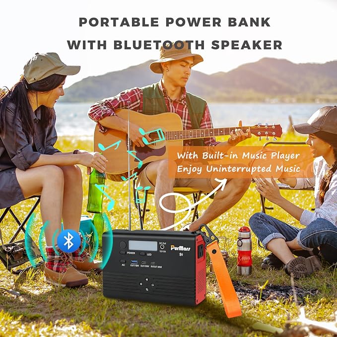 Portable Power Station, 92Wh/100W Mobile Power Bank with Bluetooth Speaker + FM Radio, PD Fast Charging, 110V AC Output, Multiple Output Ports-Ideal for Camping and Emergency Power