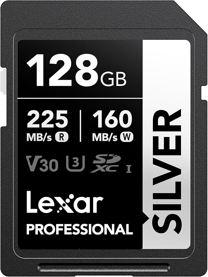 Lexar 128GB Professional Silver SD Card, UHS-I, C10, U3, V30, 4K, Up to 225/160 MB/s SDXC Memory Card, for Professional Photographer, Videographer, Enthusiast (LSDSILV128G-BNNNU)