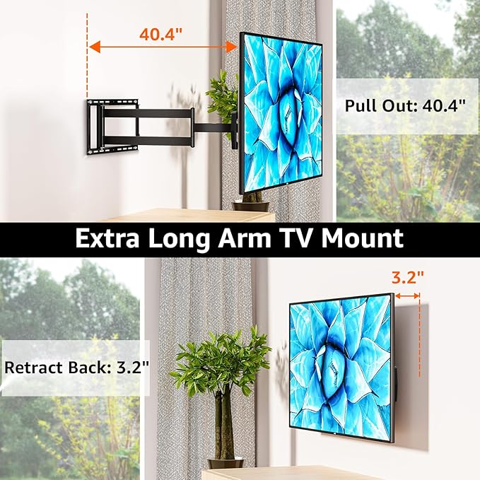 ELIVED Long Arm TV Mount for Most 42-90 Inch tvs, Full Motion Wall Bracket with 40.4 inch Long Extension Articulating TV Wall Mount, Max VESA 800x400mm, Holds up to 150lbs, fits Wood Studs 12"-24".
