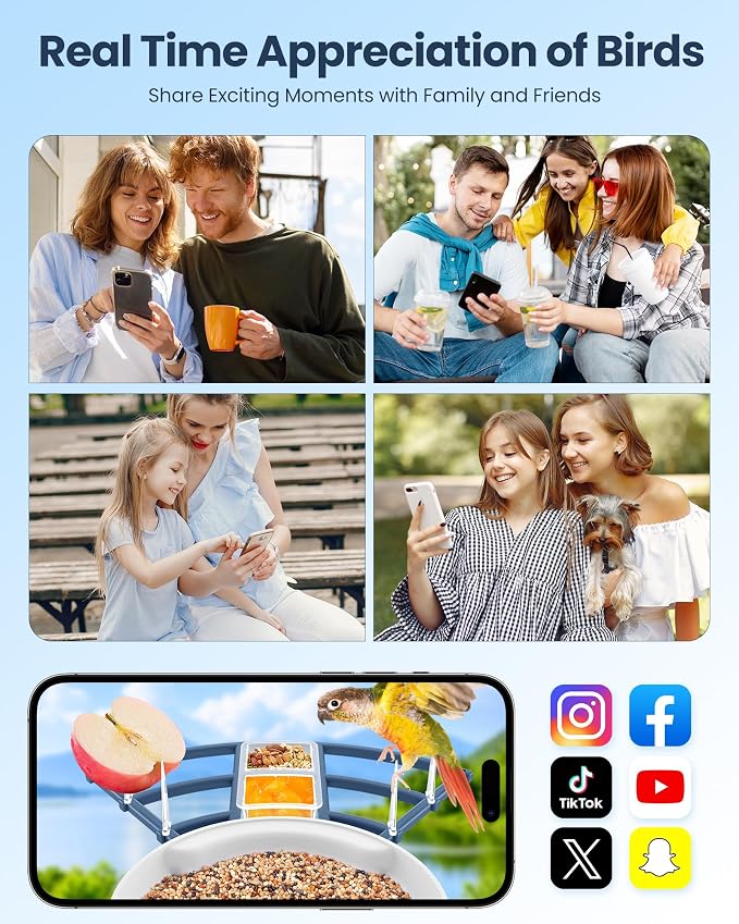 Smart Bird Feeder with Camera, AI Bird Identification, Solar Powered Wireless Outdoor Bird Watching Camera, Auto Capture Video & Instant Notifications for Bird Lovers