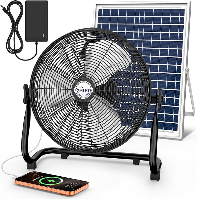 14" Solar Powered Fan with 20W Solar Panel & Rechargeable Battery, Portable, Quiet 12 Speed, 360° Tilt Head for Outside, Camping, Travel, Greenhouse, Chicken Coop, Patio, gazebo (Black)