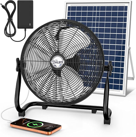 14" Solar Powered Fan with 20W Solar Panel & Rechargeable Battery, Portable, Quiet 12 Speed, 360° Tilt Head for Outside, Camping, Travel, Greenhouse, Chicken Coop, Patio, gazebo (Black)