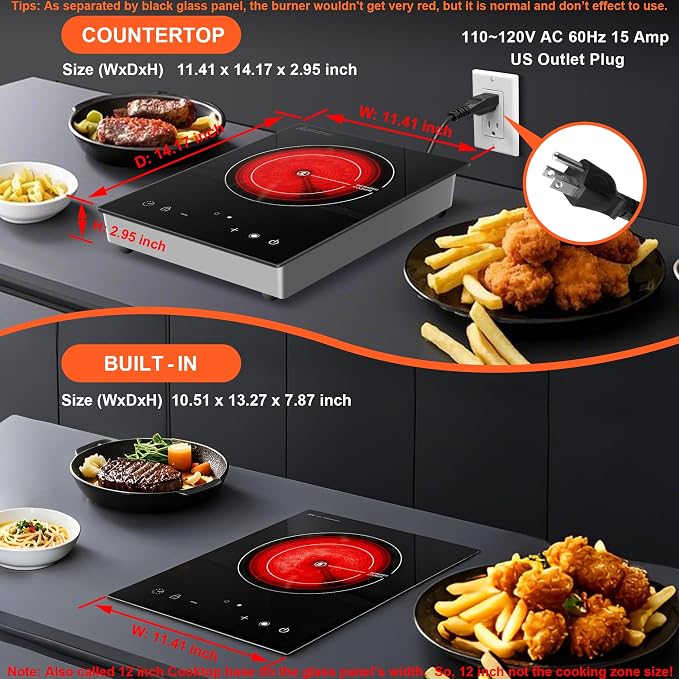Dual Coils Design of Single Burner Electric Cooktop, 1800W Infrared Ceramic Hot Plate for Cooking, Portable Countertop or Built-in Radiant Stove Top Cooker, Compatible with All Cookware