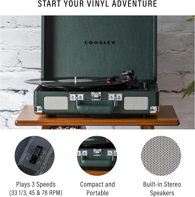 Crosley CR8005F-EM Cruiser Plus Vintage 3-Speed Bluetooth in/Out Suitcase Vinyl Record Player Turntable, Dark Emerald