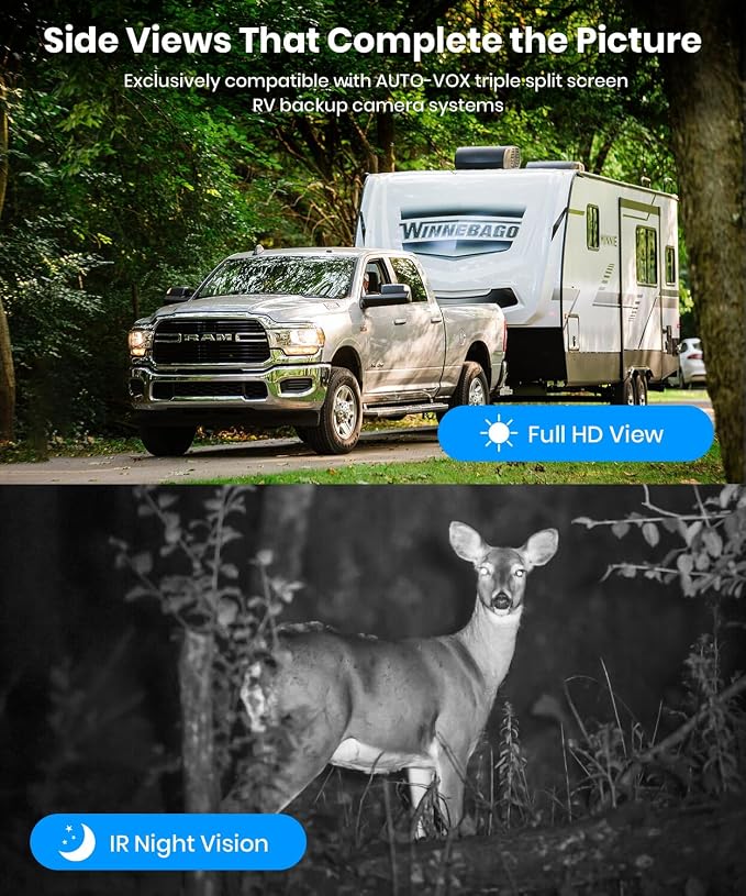 AUTO-VOX RV Backup Camera Wireless with Left and Right Side Cameras, Adjustable Viewing Angle, IR Night Vision, Compatible Only with 3 Channel Monitor for Motorhome, Fifth Wheel, Travel Trailer