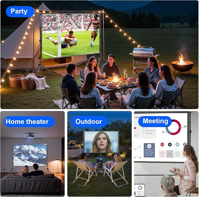 Outdoor Projector Screen with Stand, 150 inch Portable Projection Screen Wrinkle-Free 16:9 4K Rear Front Movie Screen with Carry Bag for Indoor Home Theater, Camping and Backyard Entertainment 150inch