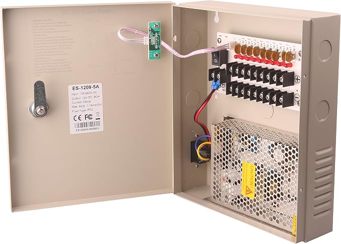 EVERSECU 9 Channel DC12V 5 Amp PTC Fuse CCTV Power Supply with Metal Box, AC Plug and Lock for Security Cameras, DVRs, IP Cameras, CCTV Cameras