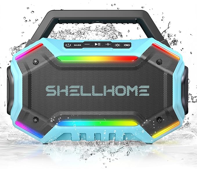 ShellHome Bluetooth Outdoor Speakers, 80W(Peak) Loud Wireless Speaker, 30H Playtime, RGB Lights, BassUp 2.0, IPX6 Waterproof, TWS, Bluetooth 6.0, Portable Boombox for Party, Pool, Beach (Teal)