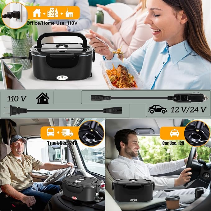 Electric Lunch Box for Adults - 1.5L Single/Double Layer Stainless Steel Food Warmer - 80W Fast PTC Heated Lunchbox, 12V/24V/110V Portable Food Heater for Car&Truck, Office, Camping, Travel(Black)