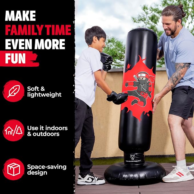 THB Punching Bag for Kids - Inflatable Punching Bag with Boxing Gloves for Kids Age 3-8, 63” Ninja Boxing Bag with Electric Air Pump to Practice Taekwondo, Karate, MMA, Bouncing Back