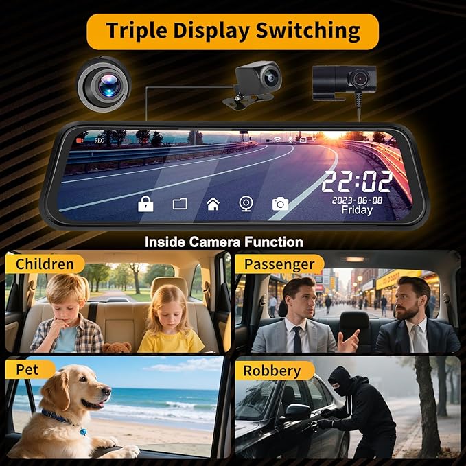 3 Channel 9.66'' WiFi Mirror Dash Cam with Front and Rear Camera IPS Touch Screen,Triple Rear View Mirror Camera with App Recording,64GB TF Card,Loop Recording,Night Vision, G-Sensor Parking Monitor