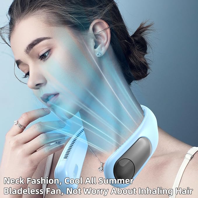 Portable Neck Fan, Personal Wearable Bladeless Fan for Outdoor Indoor, LED Display, 360° Cooling, 4-Speeds, 6000mAh USB Rechargeable, Birthday Gifts for Men Women Dad Mom (Light blue)