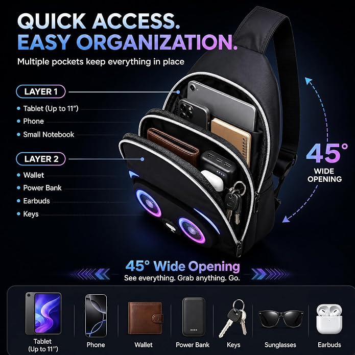 Portable Bluetooth Speaker Bag with Music-Sync LED Lights, Lightweight WaterResistant Crossbody Sling Bag for Men