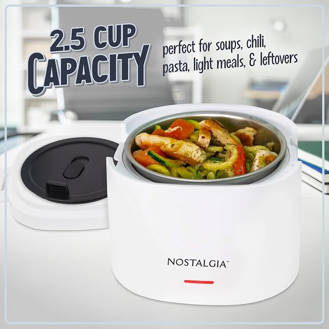 Nostalgia Portable Heated Lunch Box – 2.5-Cup Stainless Steel Food Warmer – Detachable Cord, Leak-Proof Lid, Carry Handle – Portable for Work & Travel – Frosted White