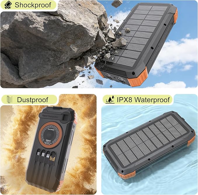 Solar Power Bank 49800mAh, 15W 3-in-1 Wireless Charger, 25W Fast Charging USB C Portable Charger, Solar & Hand Crank External Battery with LED Flashlight for Camping Outdoor Emergency iPhone Android