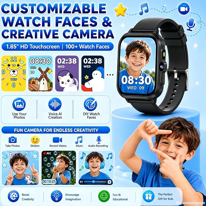 Smart Watch for Kids, 1.85" Fitness Tracker with Camera, Game, Music, SOS, AI, Alarm Clock, Video,Parent Control, 24/7 Heart Rate Sleep Monitor, 100+ Sport Modes, IP68 Waterproof, Gifts for Boys Girls