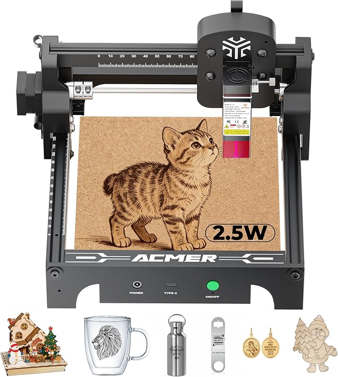 ACMER S1 Laser Engraver 2500mW, Compact Desktop Engraving & Cutting Machine for DIY Crafts, Small Business & Makers, 130×130mm Work Area, 0.04mm Detail Engraving for Wood, Acrylic