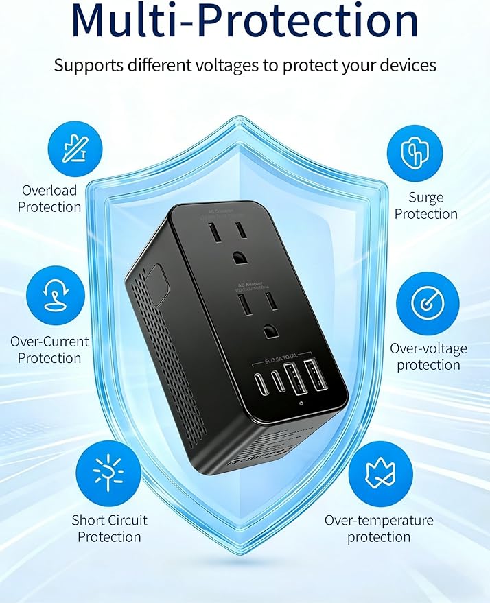 Travel Adapter Voltage Converter US to Europe Power Adapter Step Down Transformer 220V to 110V with 2 USB A 2 USB C & UK/AU/US/EU/﻿South Africa for Hair Dryer (Black)