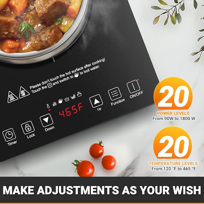 AMZCHEF Portable Induction Cooktop 20 Temperature & Power Levels, 1800W Induction Stove Burner with 6.8" Heating Coil, Low Noise Hot Plate Single Electric Cooktops Countertop Stove with Timer