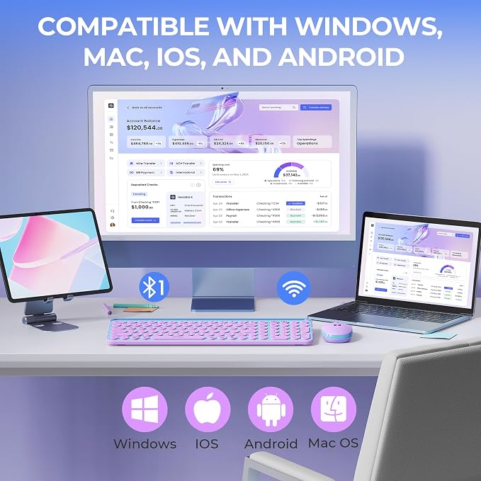 seenda Bluetooth Keyboard and Mouse for iPad, CTU-301 Wireless Multi-Device Connection Bluetooth+2.4G Keyboard Mouse Combo with Tablet Holder for iPad/Macbook/Windows, iOS/Android/Phone, Blue & Purple
