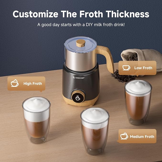 AMZCHEF 21 oz 8-in-1 Milk Frother, 550W Split Stainless Steel Automatic Steamer, Milk Warmer for Latte, Cappuccino, Hot Chocolate, Hot/Cold Froth, Heated Milk & Baby Food, Wood & Black