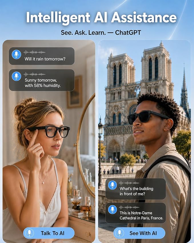 Coucur AI Smart Glasses with Camera, 8MP 4K Camera Glasses & 1080P Video Recording Glasses, ChatGPT Voice Assistant, 139 Languages Real-Time Translation, Open Ear Earbuds for Travel/Meetings/Vlog