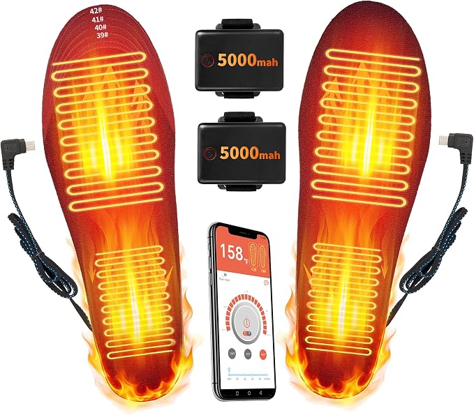 Heated Insoles for Men Women, Rechargeable 5000mAh Battery Foot Warmers Up to 11 Hours, Washable Cut to Fit Thermal Shoe Inserts for Outdoor Work, Hunting, Skiing, Hiking, Cycling, Fishing, with App