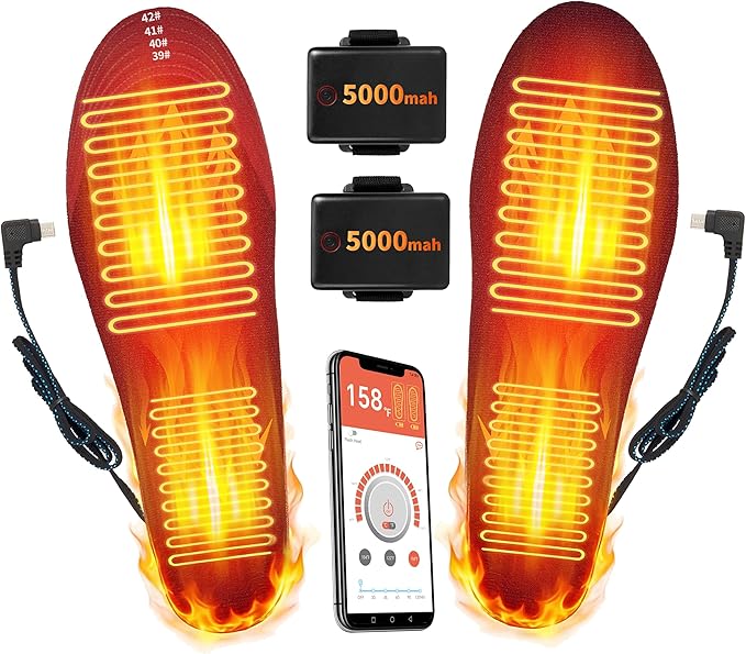 Heated Insoles for Men Women, Rechargeable 5000mAh Battery Foot Warmers Up to 11 Hours, Washable Cut to Fit Thermal Shoe Inserts for Outdoor Work, Hunting, Skiing, Hiking, Cycling, Fishing, with App