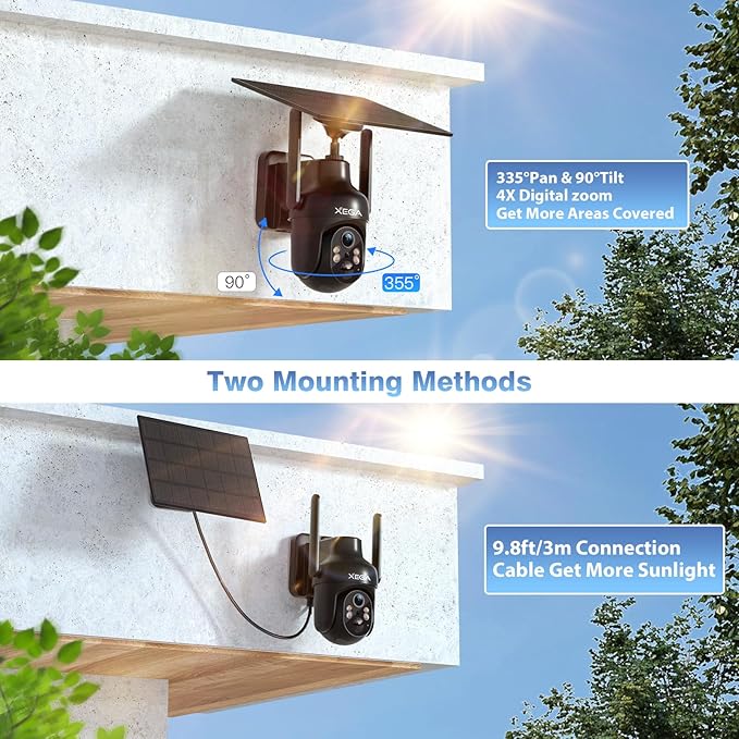 Xega 4 Pack Security Camera Wireless Outdoor, 2K PTZ Camera WiFi Surveillance Rechargeable Battery with Solar Panel, Color Night Vision, 2-Way Audio, PIR Motion Detection, Spotlight & Siren, IP66