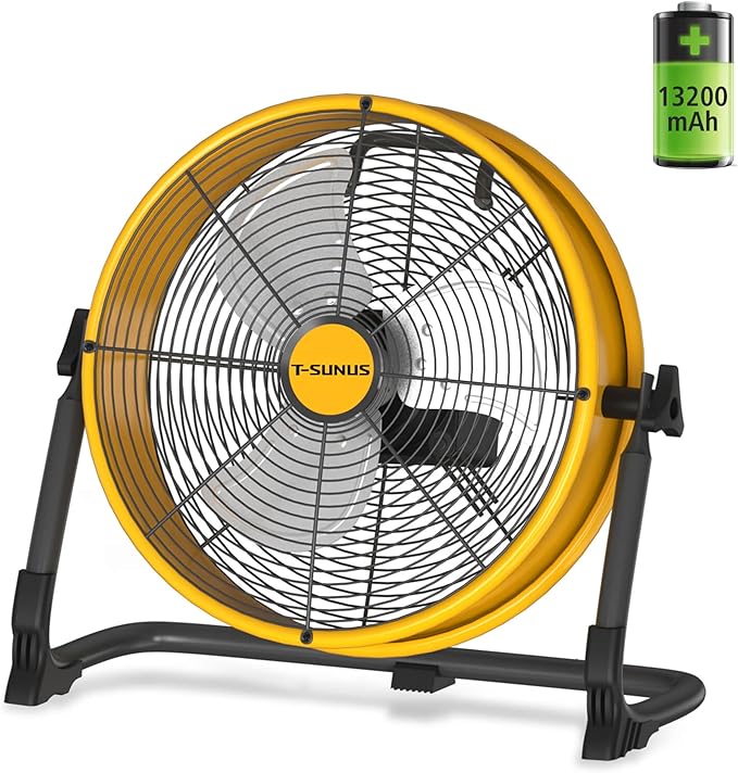 T-SUNUS 12" Battery Powered Floor Fan, 13200mAh Rechargeable Cordless Portable Fan 1500 CFM High Velocity Airflow, Quiet Brushless Motor, 360° Tilt for Camping Tent RV Garage & Blackout Power Outage