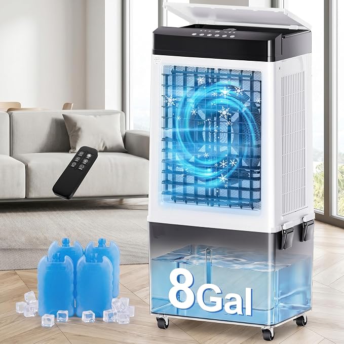 Uthfy 2200 CFM Swamp Cooler, 40" Evaporative Air Cooler with 8 Gal Detachable Water Tank, 120° Oscillation, 3 Speeds, Remote, 12H Timer, Portable AC for Bedroom Garage Patio
