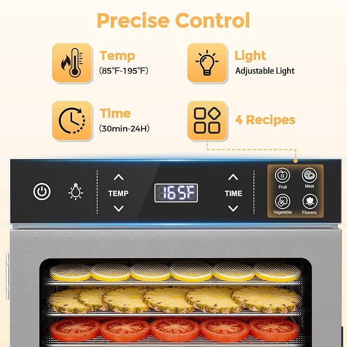 Suteck Food Dehydrator with 10 Stainless Steel Trays, 400W Dehydrator Machine with Dual Fans & 360° Airflow, Digital Temp & Time Control with 4 Presets, Quiet Food Dryer for Jerky, Fruit, Flower, Meat