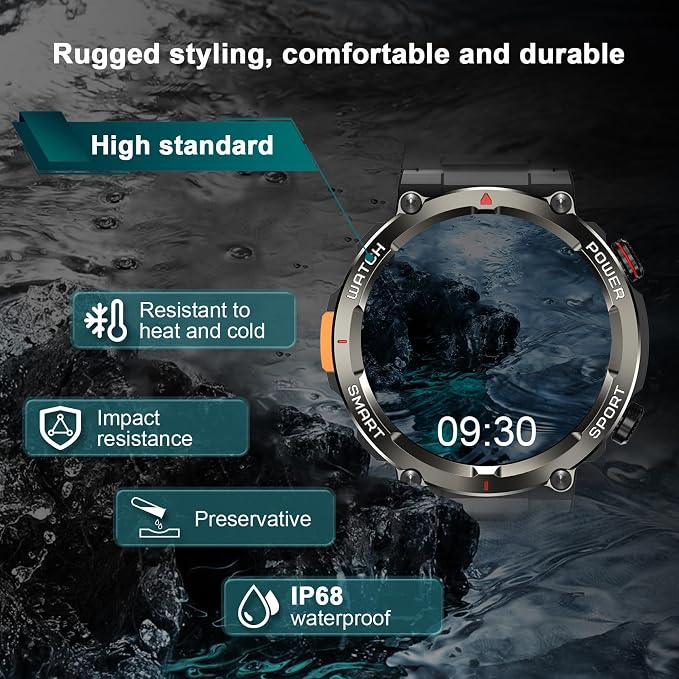 Military Tactical Smart Watches for Men, 1.45" Smart Watch for Android and iPhone, Fitness Tracker Watch with Compass & Flashlight/30-Day Battery/IP68 Waterproof/Heart Rate/120+ Sport Modes(2 Straps)