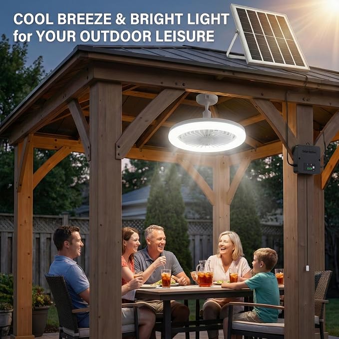 10.2 in Solar Ceiling Fan with Light Indoor Outdoor, Daytime Available Solar Shed Fan Light with Pull String, 3-in-1 Modes, IP65 Waterproof for Gazebo, Shed, Barn, Patio, Chicken Coop (1 Pack)