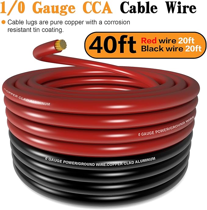 1/0 Gauge Battery Cable Wire Copper Clad Aluminum CCA Amp Wiring Kit 40FT Black/Red for Automotive Power Ground,Car Audio Speaker,RV Truck with 250A ANL Fuse Holder Lug Terminal Heat Shrink Tube