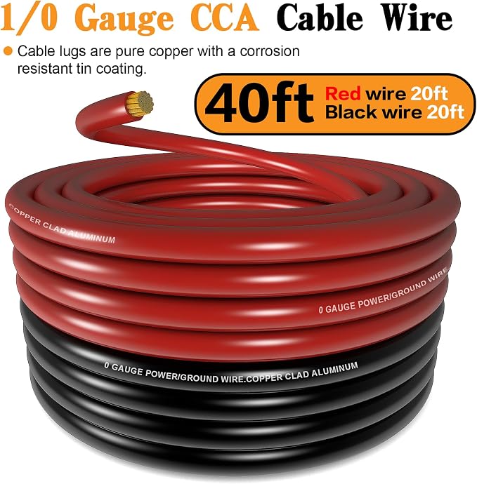 1/0 Battery Cable 1/0 Gauge Wire 40FT Copper Clad Aluminum Amp Wiring Kit- Automotive Power Ground Cable for Car Audio,RV Truck with Pure Copper Lugs & Heat Shrink Tube - Black/Red