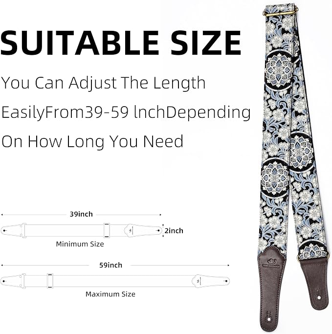 Guitar Strap, Electric& Acoustic Bass Guitar Straps,Embroidered Filament with Head Cowhide Leather Strap, with Free Strap Button,2 Guitar Strap Locks，4Guitar Pick (Blue floral print)