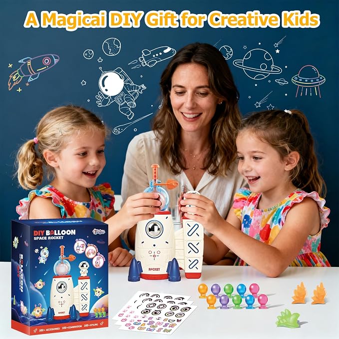 sticky balloon Rocket kit Ages 3-8 with Air Rocket Pump(4.28" x 5.9" x 7.08") Soft balloon, Stickers & Eyes Build Balloon Animals No Glue No Mess, Screen-Free Travel Gift for Girls Boys