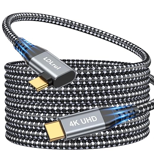LDLrui USB C Monitor Cable, 4K 60HZ Display, Right Angle 10FT, 20Gbps Data Transfer, 100W Charging, 90 Degree USB 3.2 Gen2x2 Video Cable for MacBook Pro, iPhone17/16, Portable Monitor, Webcam